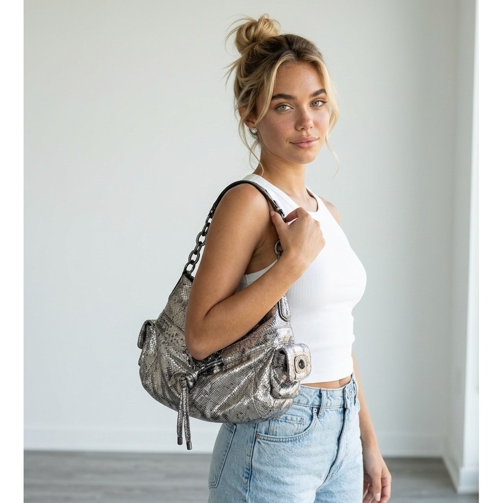 Coach Bag Kristin Metallic Python Hobo Silver Y2K Shoulder Snakeskin Chain Purse